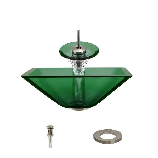 MR Direct Glass Vessel Sink in Emerald with Waterfall Faucet and Pop-Up Drain in Brushed Nickel