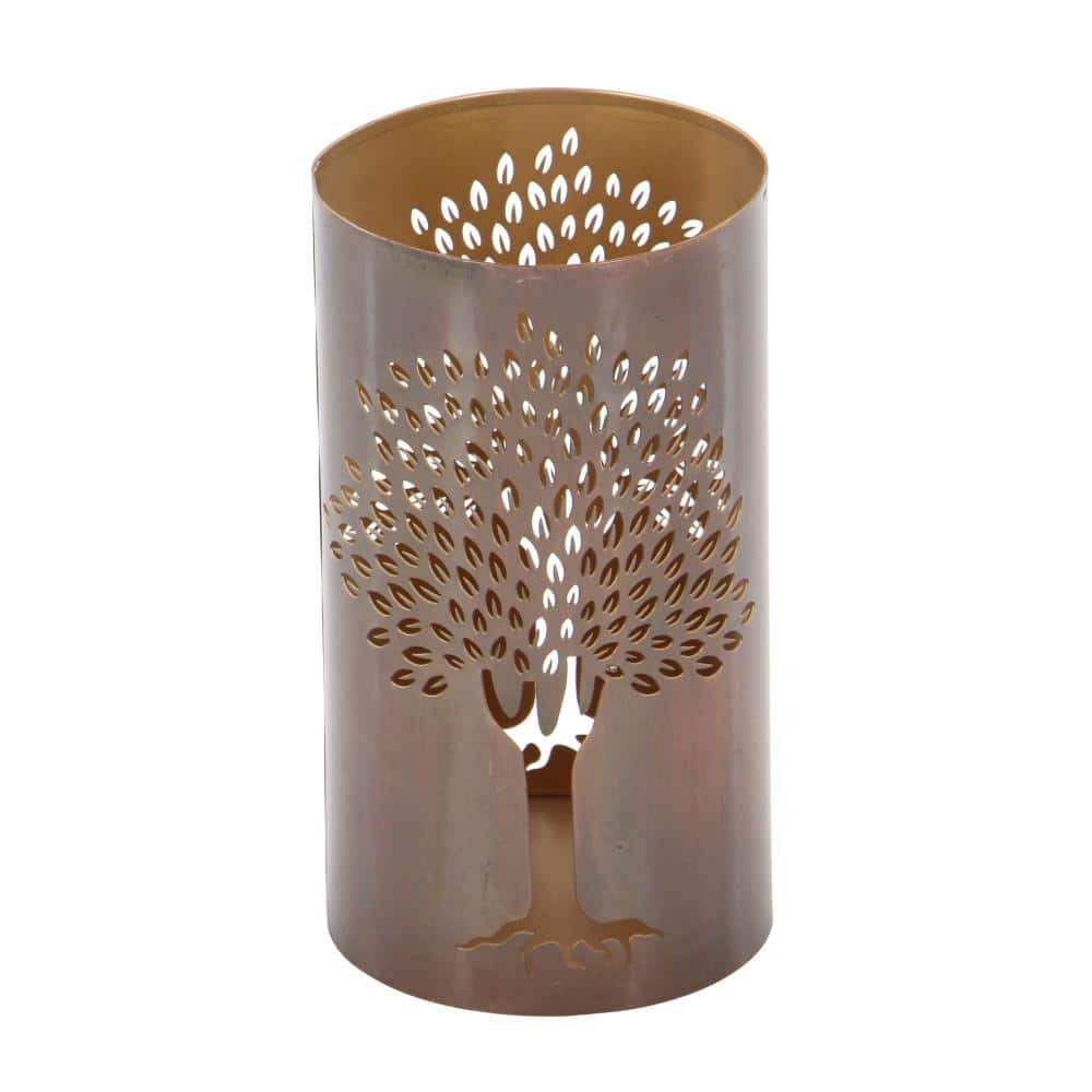 Copper Tree Decorative Leaves Cylinder Lantern Set of 3