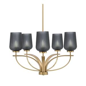 Olympia 5-Light New Age Brass Round Chandelier with 5 in. Smoke Textured Glass Shades, No bulbs included