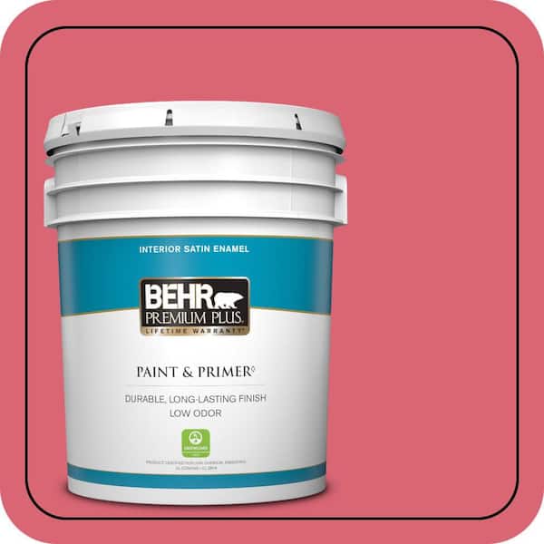 BEHR PREMIUM PLUS 5 Gal. #P150-5A Strawberry Taffy Satin Enamel Low Odor Interior Paint and Primer