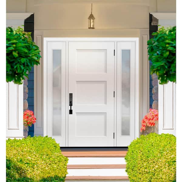 Legacy 64 in. x 80 in. 3P Equal Shaker LHOS Unfinished White Fiberglass Prehung Front Door w/Clear 12 in.SLs 4-9/16 Jamb