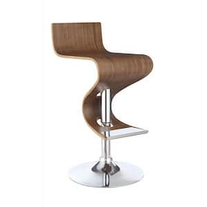 Modern 23 in. Brown and Silver Adjustable Metal Frame Bar Stool with Wooden Seat