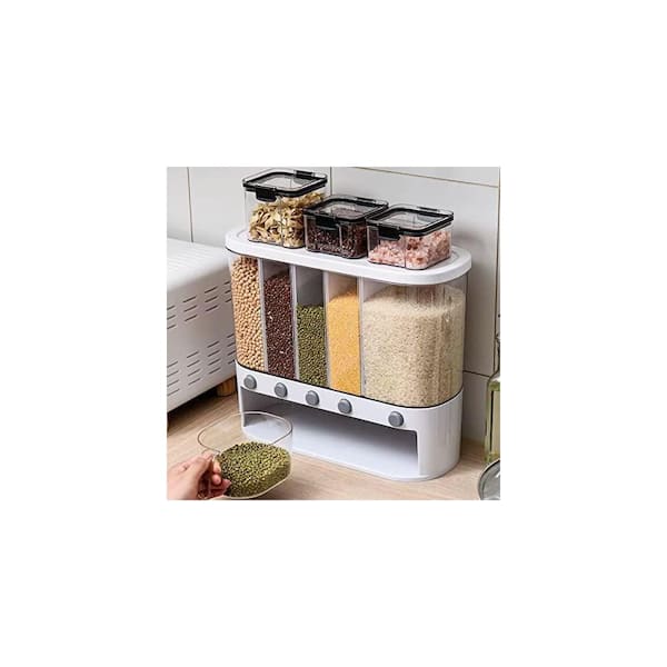 1-Piece Wall Mounted 5 Grid Cereal Dispenser, Dry Food Dispenser with Measuring Cup