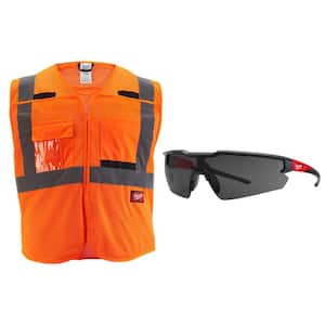 Large/X-Large Orange Class 2 Breakaway Mesh High Vis Safety Vest with 9-Pockets and Tinted Anti Scratch Safety Glasses