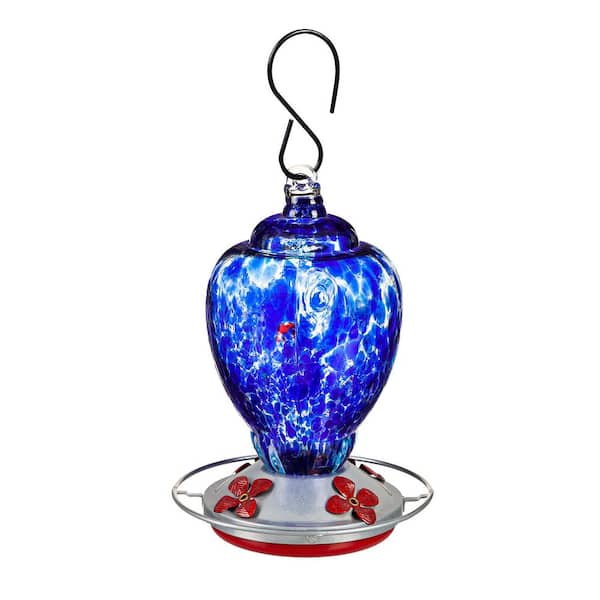 Evergreen Blue Speckle Art Glass Hummingbird Feeder with Bronze Gondola