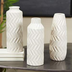 White Dimensional Chevron Textured Ceramic Decorative Vase with Varying Shapes (Set of 3)