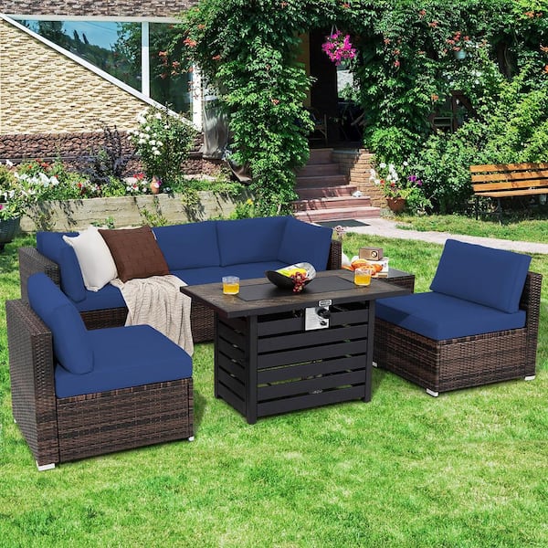 Gymax 7-Pieces Patio Rattan Furniture Set 42 in. Fire Pit Table with Cover Cushioned Navy