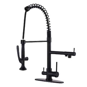 Double Handle Pull-Down Sprayer Kitchen Faucet High Arc with Drinking Water and Deck Plate in Matte Black