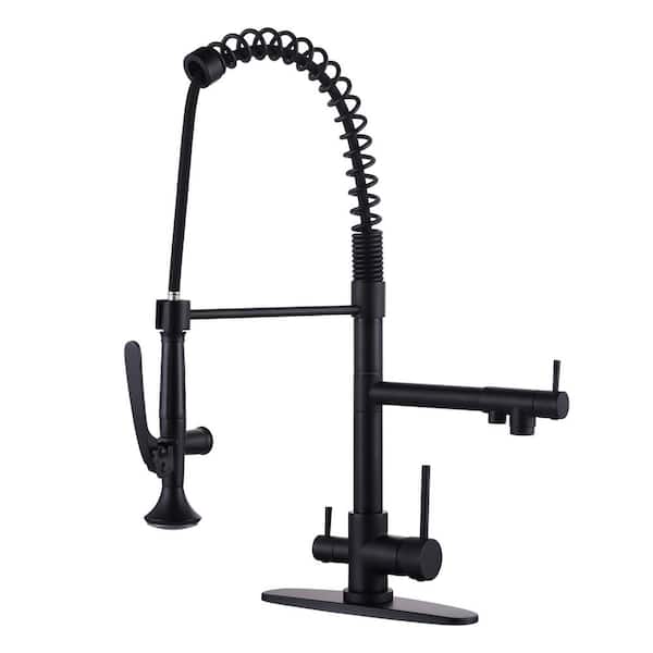 ARCORA Double Handle Pull-Down Sprayer Kitchen Faucet High Arc with Drinking Water and Deck Plate in Matte Black