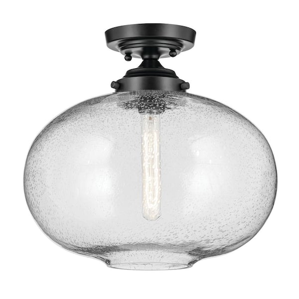 KICHLER Avery 14.5 in. 1-Light Black Hallway Vintage Industrial Semi-Flush Mount Ceiling Light with Clear Seeded Glass