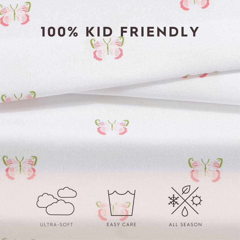 Pink Butterfly Print Twin XL Microfiber Kids Sheet Set