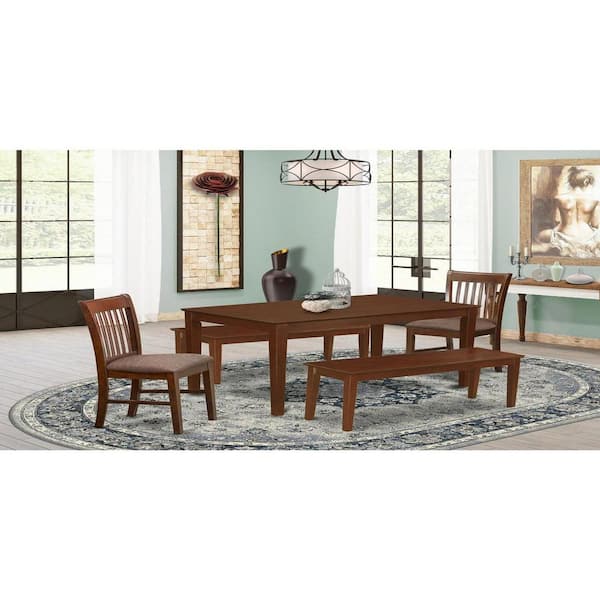 East West Furniture 5-Piece Rectangle Mahogany Finish Solid Wood Top Dining Table with 2 Benches, 2 Chairs with Lattice Back