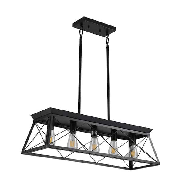 5-Light Black Farmhouse Linear Vintage Cage Adjustable Hanging Chandelier for Kitchen Island Living Room (No Bulbs)