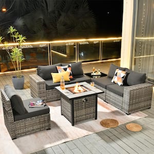 Tahoe Grey 7-Piece Wicker Wide Arm Outdoor Patio Conversation Sofa Set with a Fire Pit and Black Cushions