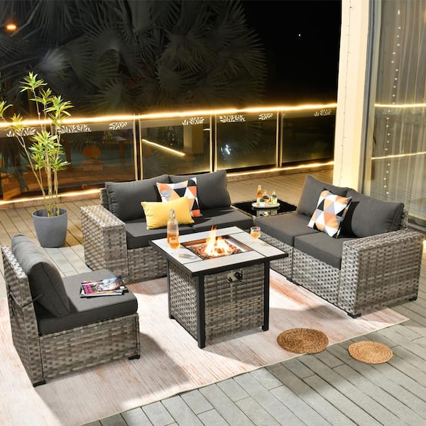 HOOOWOOO Tahoe Grey 7-Piece Wicker Wide Arm Outdoor Patio Conversation Sofa Set with a Fire Pit and Black Cushions