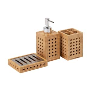 Lattice Collection, 3-Piece Soap Dish, Soap Dispenser, and Toothbrush Holder Set, Bathroom Accessory Set, Brown