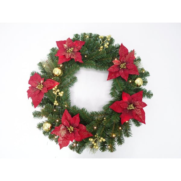 30 in. Pre-Lit LED Glittered Poinsettia Artificial Christmas Wreath with 35-Lights
