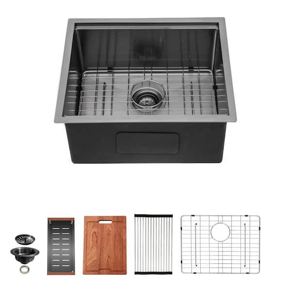 23 in. Gun Black Drop In Workstation 16-Gauge Stainless Steel Single Bowl Undermount Kitchen Sink with Cutting Board