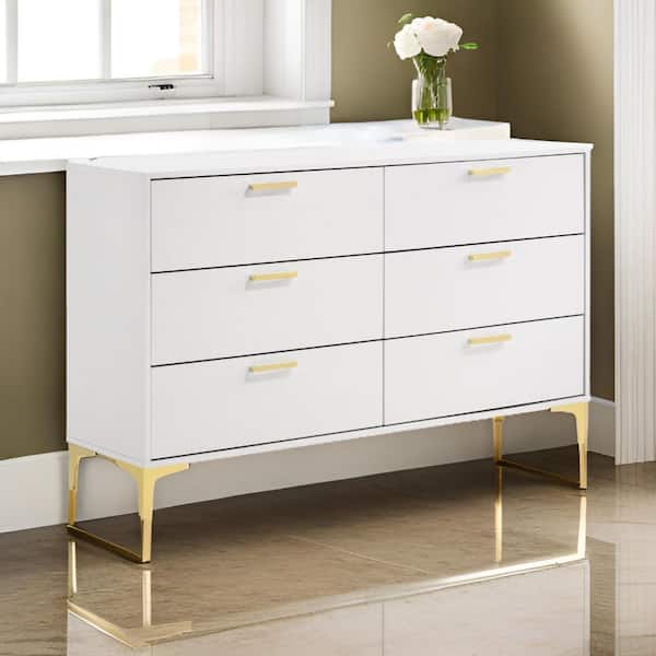 White and Gold 6-Drawers 58.5 in. Dresser Without Mirror