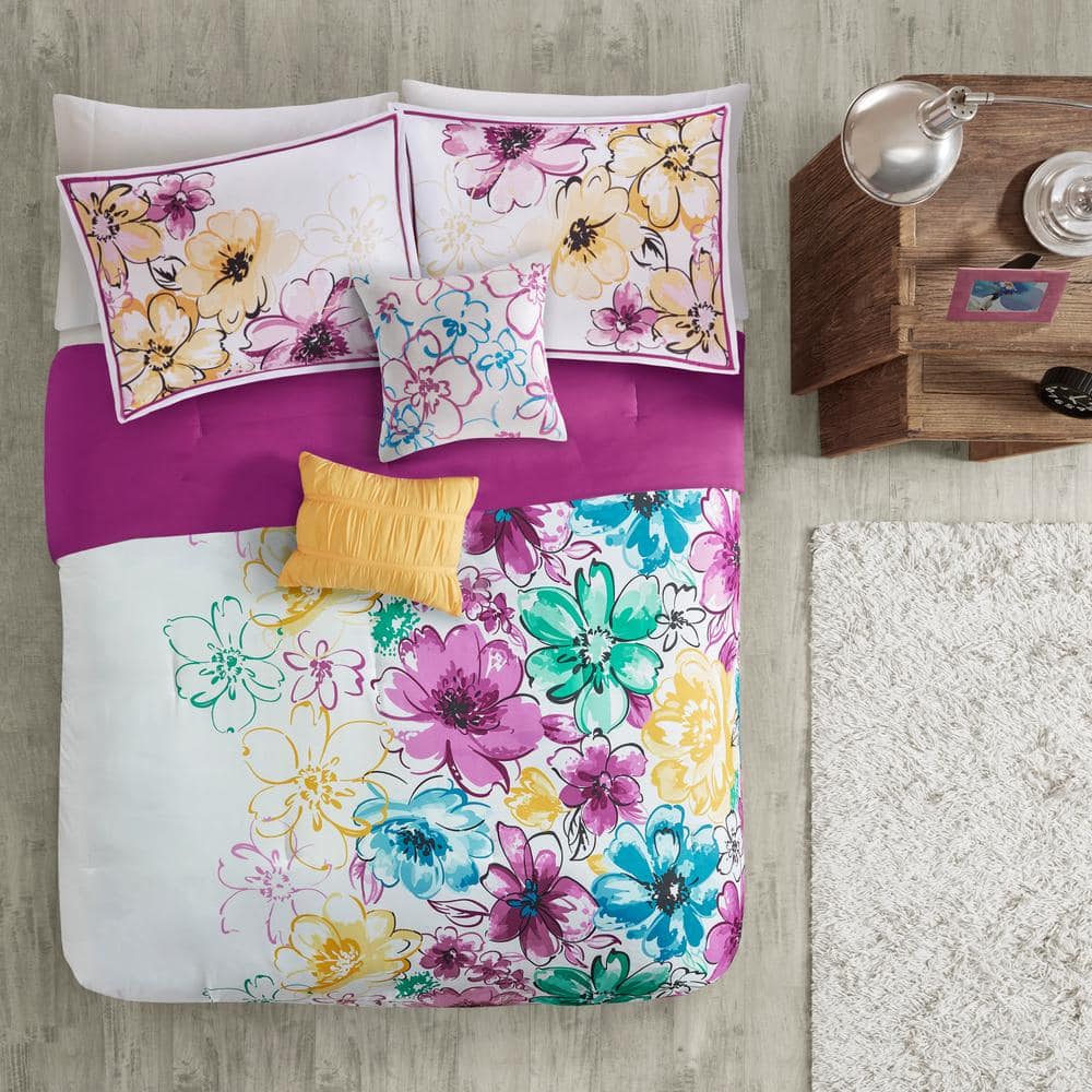Full Blue Microfiber Down Alternative Floral Comforter Set