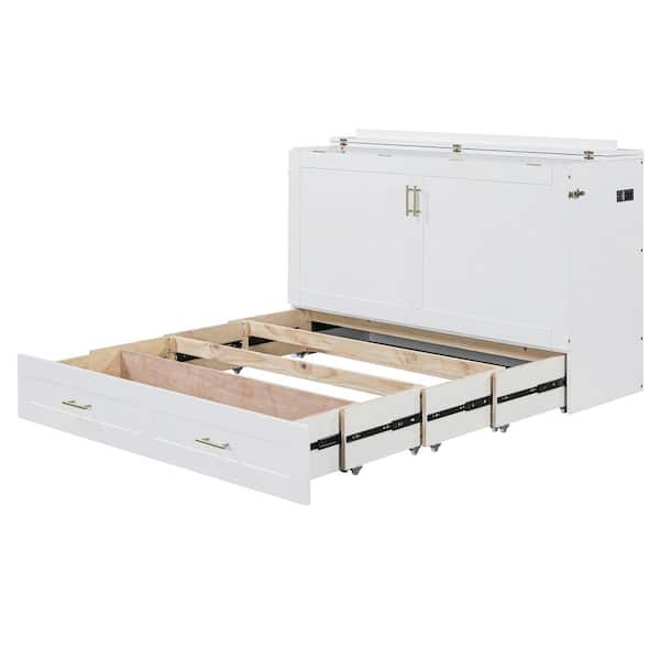Qualler White Wood Frame Full Size Murphy Bed with Drawer and USB Port