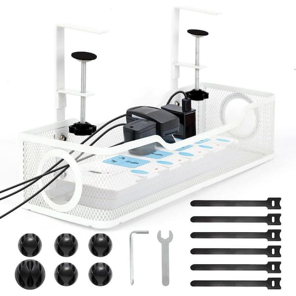 Under Desk Cable Management Tray No Drill White Cord Organizer with Cable Ties Clips Wire Management Box Office