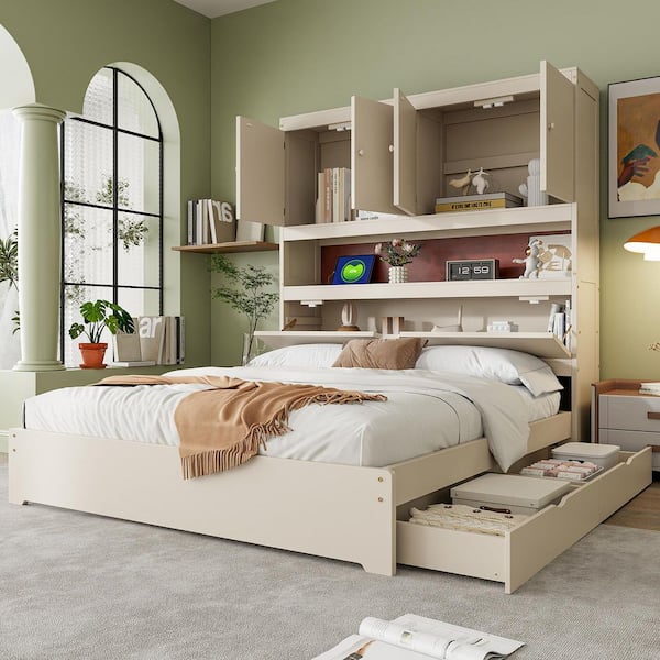 Harper & Bright Designs White Wood Frame Full Size Platform Bed with Storage Headboard, USB Charging, 2-Drawers