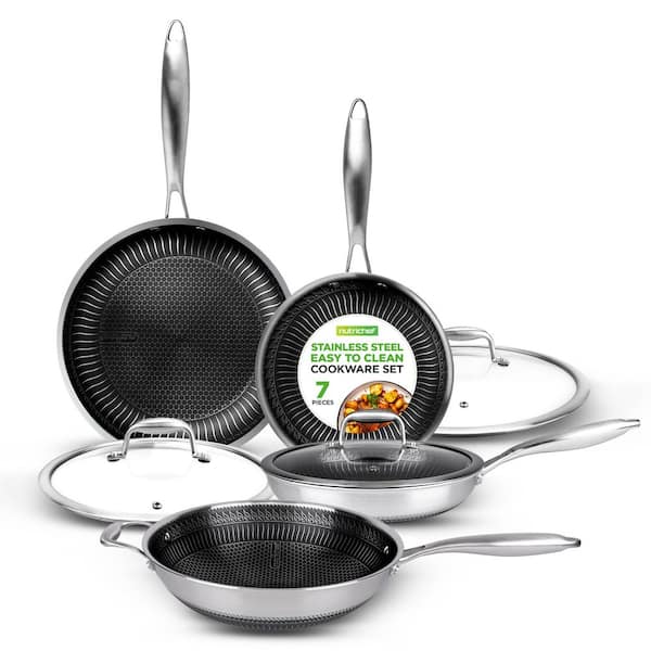 7-Piece Tri-Ply Stainless Steel Frying Pan Set and Wok, Nonstick, Induction Compatible, Oven Safe 8,10,12 in. Diameter