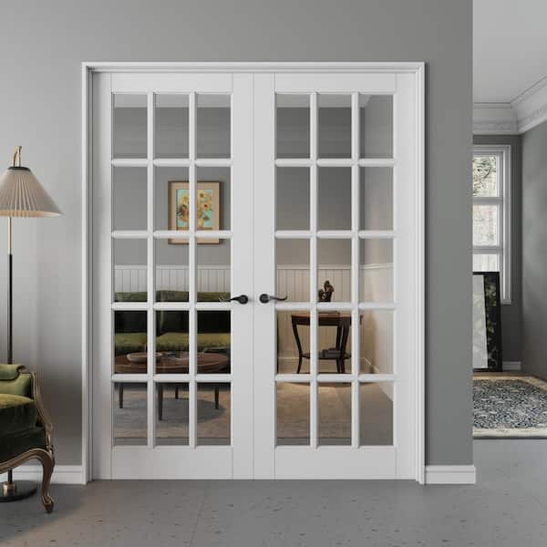 64 in. x 80 in. Universal 15-Lite Clear Glass White Solid Core Glass Double Prehung French Door with Quick Assemble Jamb