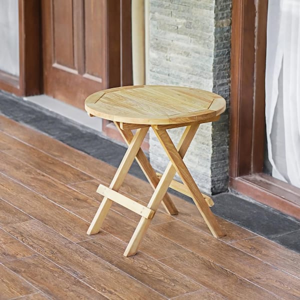 J　TEAK Table Teak Wood 20 in. Round Folding Outdoor Side Table, Patio Slatted