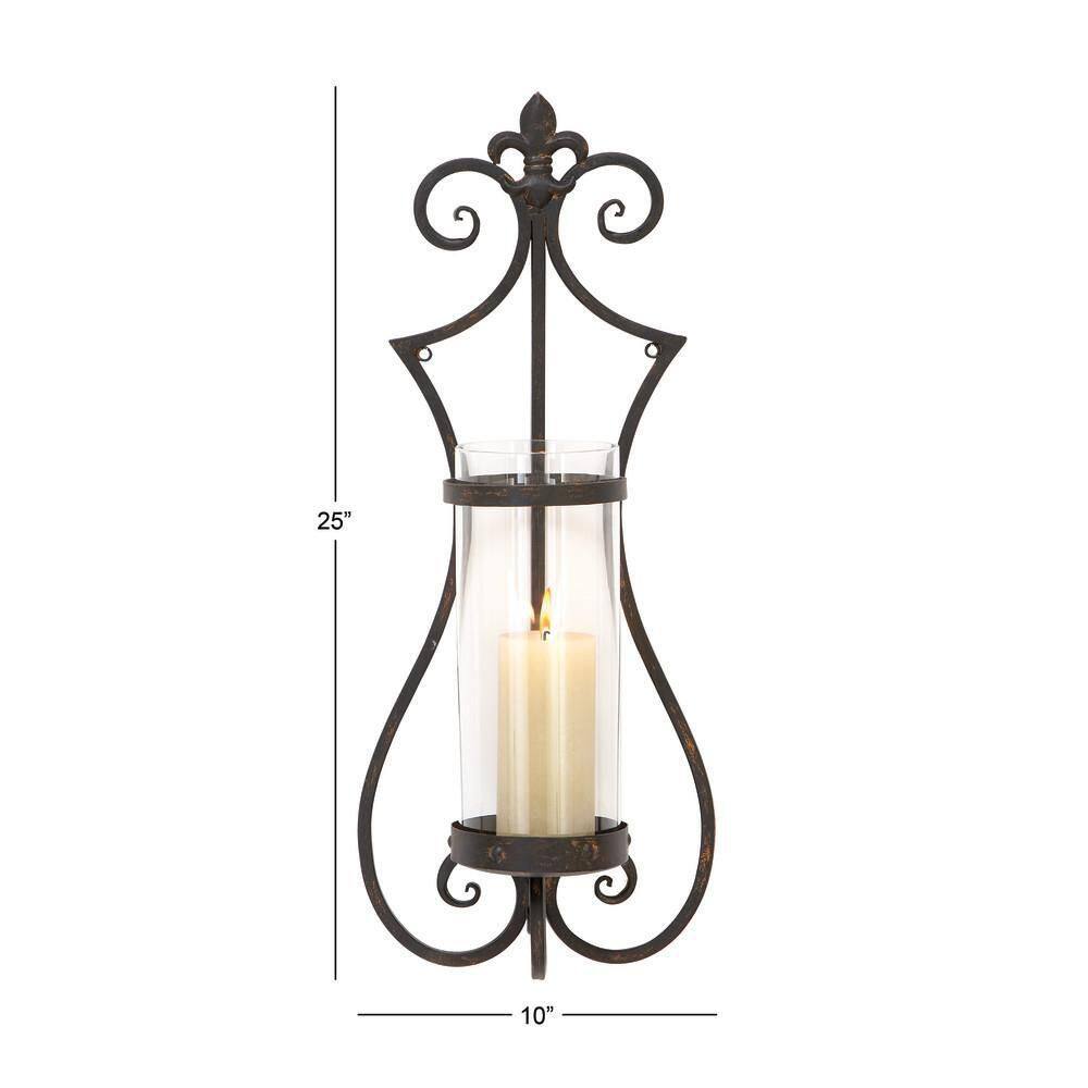 Elegant Black Metal Floral Wall Sconce with Glass Hurricane, 25"