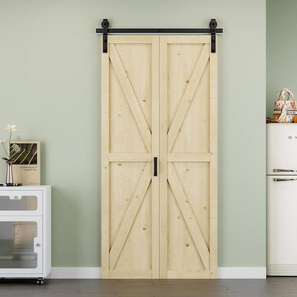 40 in. x 84 in. Paneled Pine Wood Solid Core Unfinished K Shape Composite Bi-fold Door with Bifold Barn Door Hardware