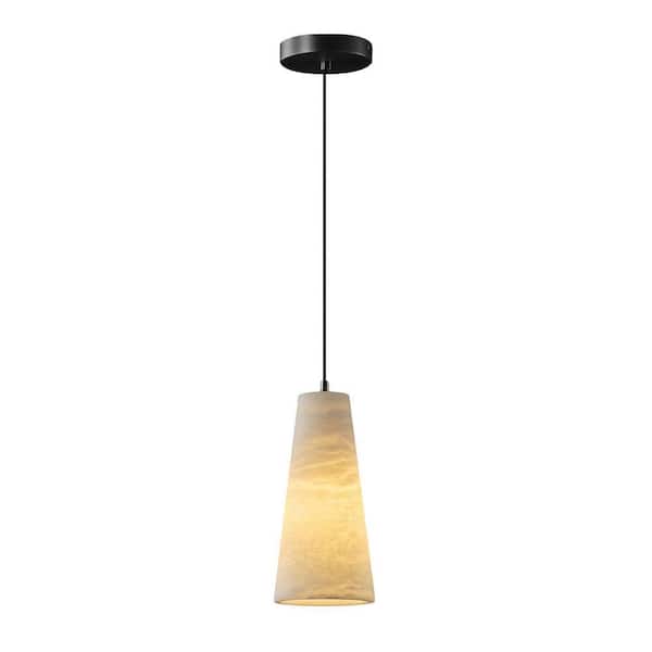 1-Light Black Pendant Light, Conical Natural Alabaster Shade Chandelier for Dining Room, Kitchen Island Bulb Included