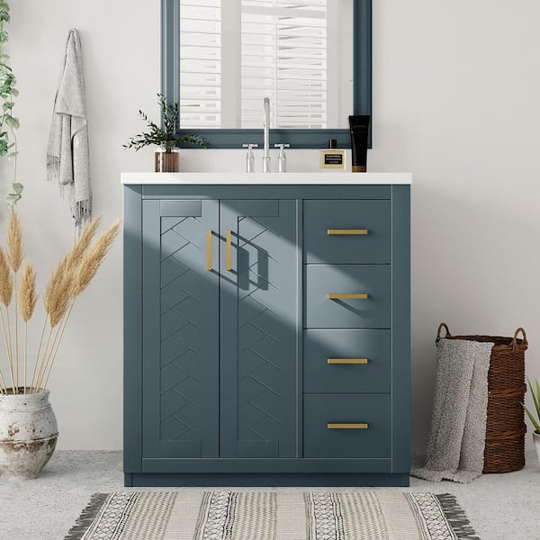 EPOWP 30 in. W x 18 in. D x 34 in. H Freestanding Bath Vanity in Navy Blue W/ White Ceramic Top Single Basin Sink and Storage