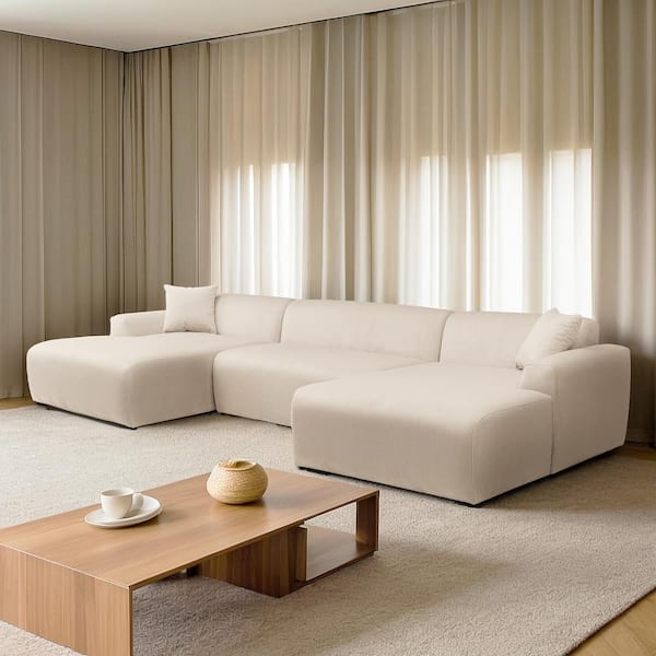 Ashcroft Furniture Co Delphine 148.8 in. Square Arm 3-Piece U Shaped Corduroy Sectional Sofa in Cream
