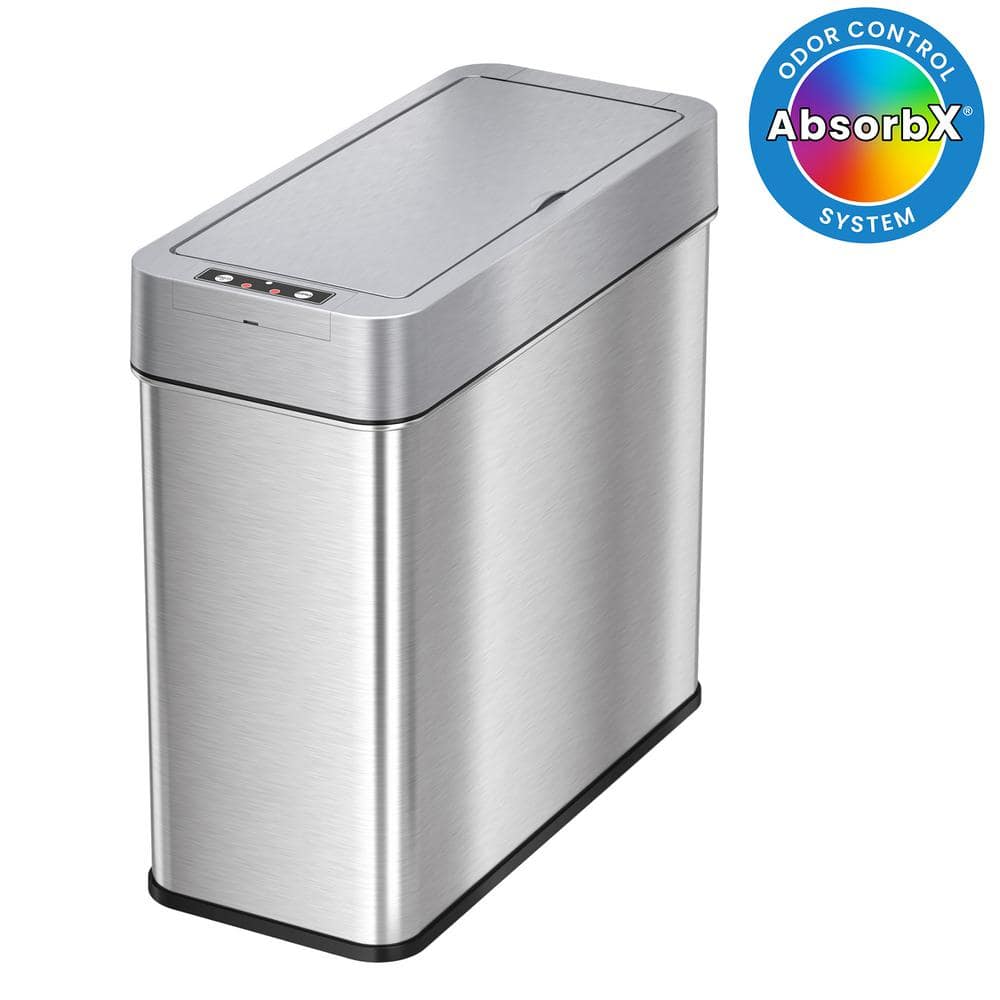 iTouchless 4 Gallon Slim Sensor Trash Can with AbsorbX Odor Control System, Lid Opens Left, 15 Liter Stainless Steel Automatic Wastebasket