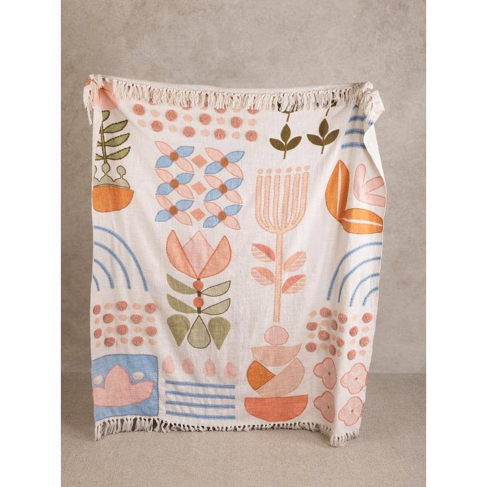 Joel Multicolored Cotton Throw Blanket with Floral Motifs 50"x60"