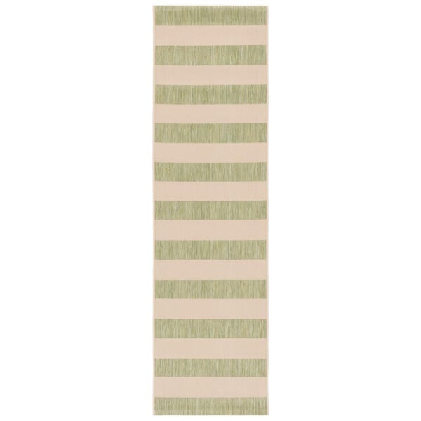 SAFAVIEH Courtyard Beige/Sage Green 2 ft. x 8 ft. Awning Stripe Indoor/Outdoor Runner Rug