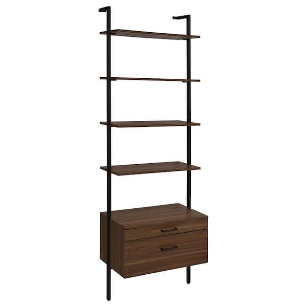 Coaster Owens 96 in. Tall Walnut and Sandy Black Wood 5-Shelf Ladder Bookcase with Drawers