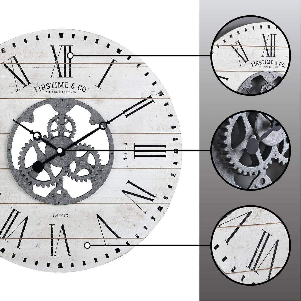 Oversized White Shiplap Gears Wall Clock with Galvanized Center