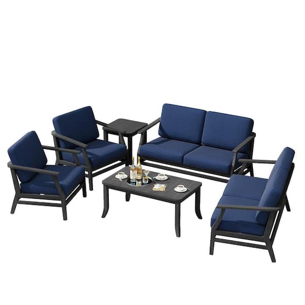 6-Piece Black Teak Patio Conversation Set with Navy Cushions