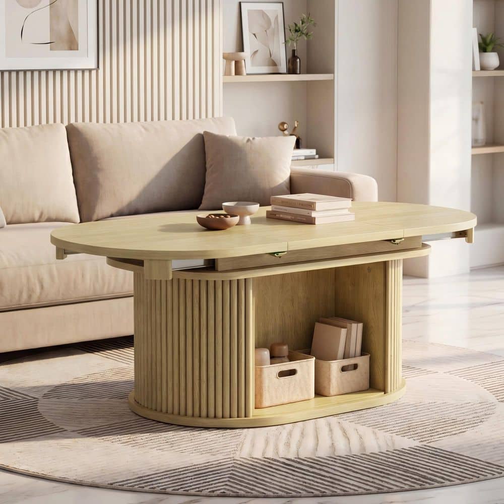 LACOO 45.2 in. Walnut/Gray/Oak Oval Wood Coffee Table with Storage