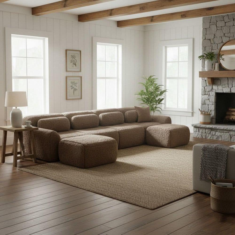 Modular brown sectional sofa in a bright living room.