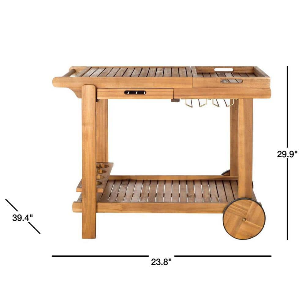 Transitional Acacia Wood Serving Cart with Wine Rack and Storage