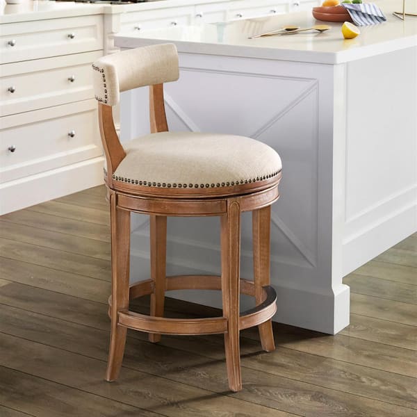 Alaterre Furniture Hanover 37 in. Weathered Brown and Beige Rubberwood Swivel Counter Height Bar Stool With Cushioned Seat and Low Back