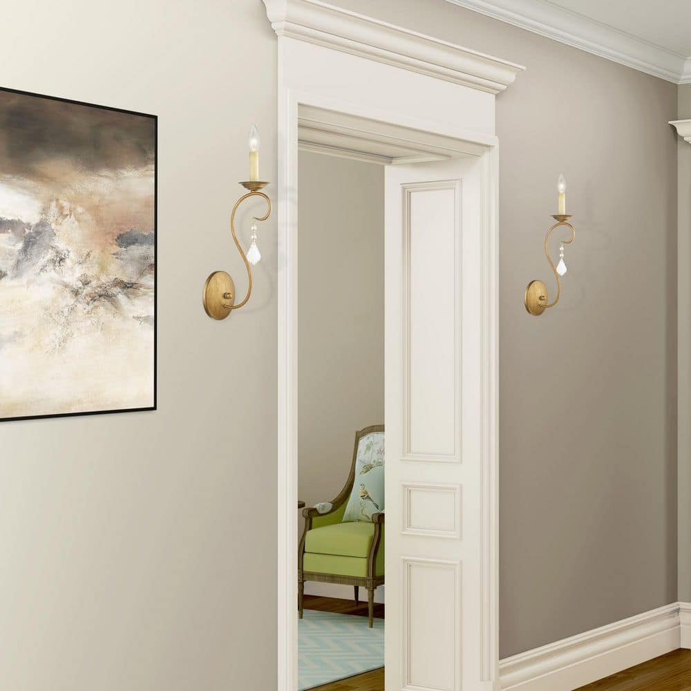 Antique Gold Leaf Single-Light Sconce with Crystal Accents