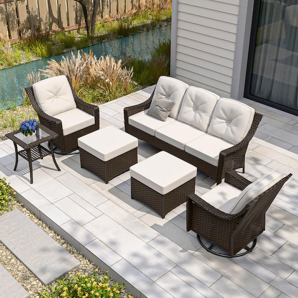 EAGLE PEAK Brown Rattan Wicker 6-Piece Outdoor Patio Conversation Set with Swivel Rocking Chairs, Table, and Beige Cushions