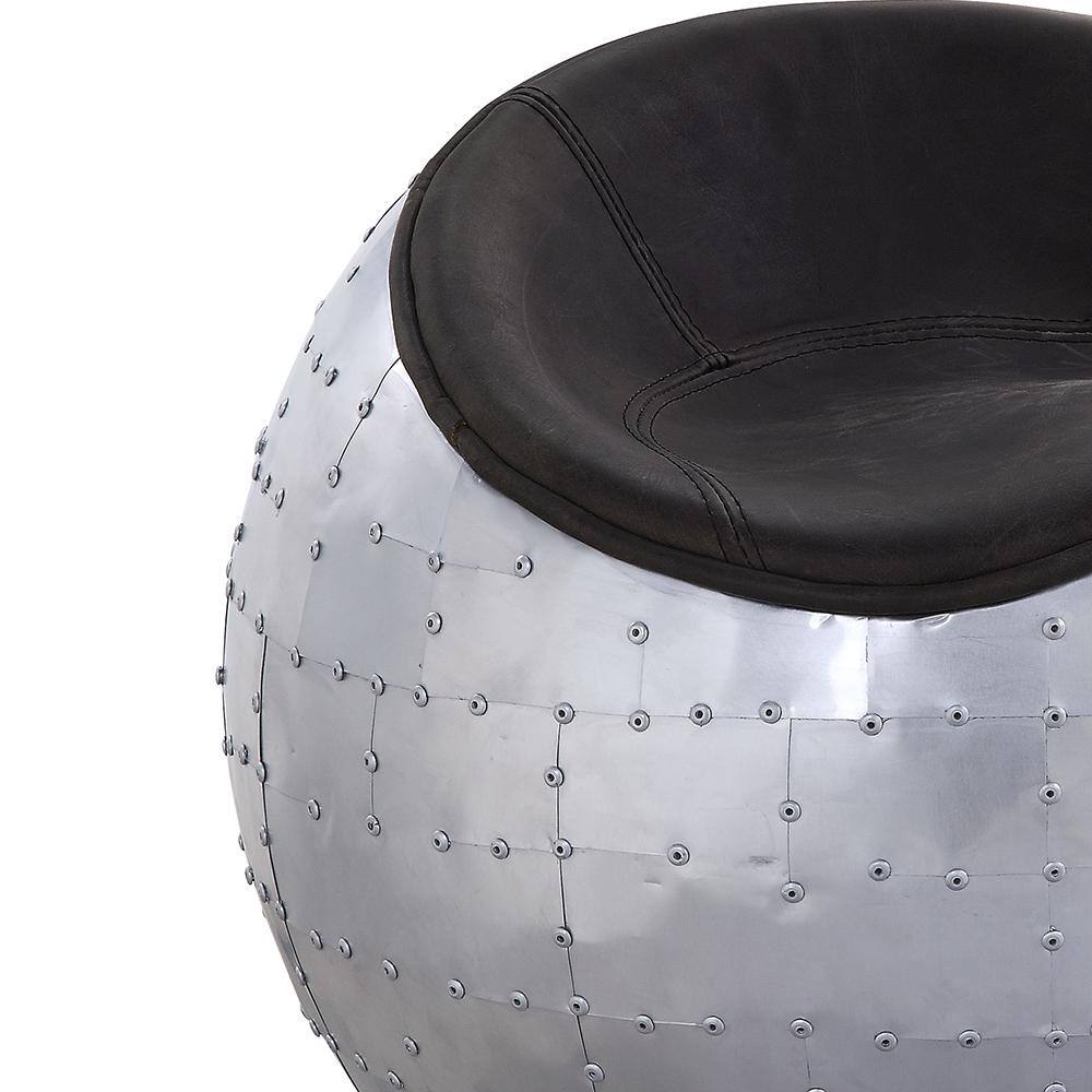 Brancaster Round Leather and Aluminum Ottoman in Antique Ebony