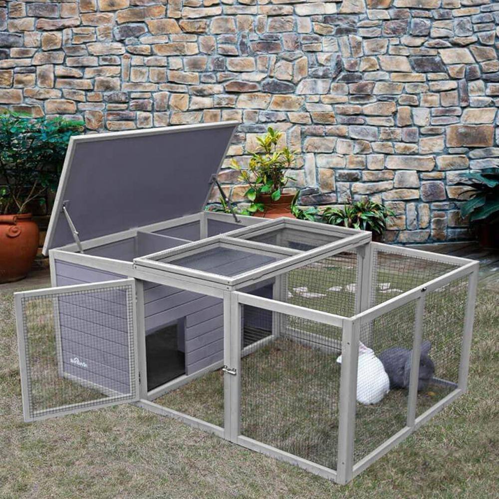 Gray Wooden Outdoor Hutch with Mesh Panels for Small Animals