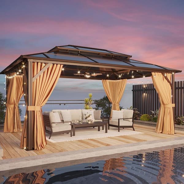 Sizzim 12 ft. x 16 ft. Outdoor Brown Polycarbonate Gazebo with Double Roof, Curtains and Netting